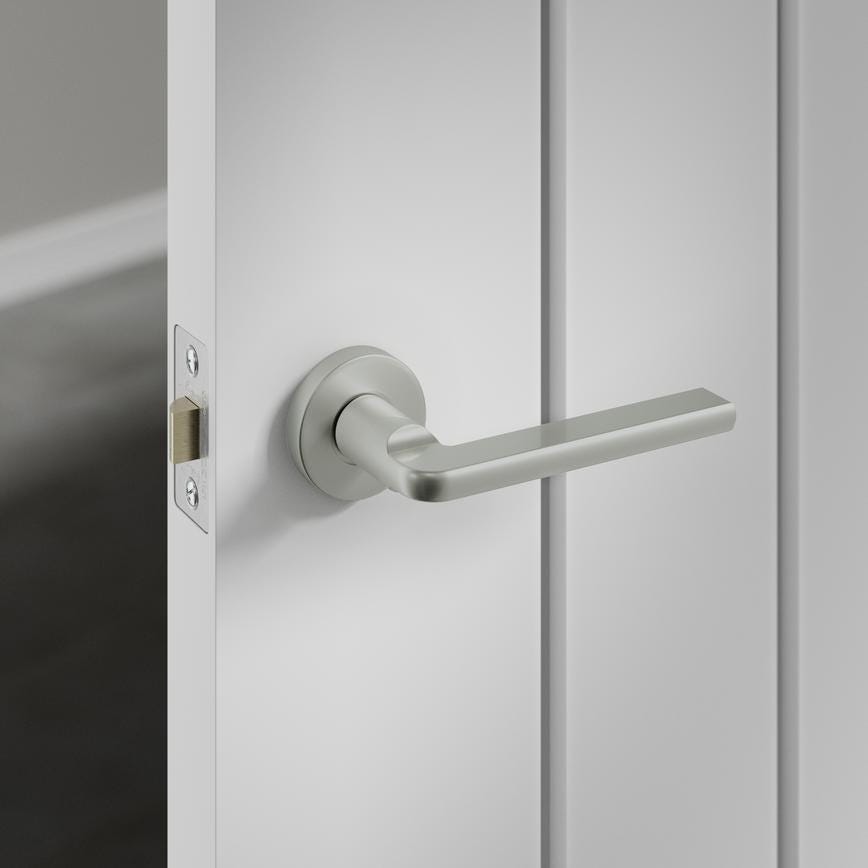 Howdens Fuller and Forge Munch Satin Nickel Lever on Rose Door Handle Pair Howdens