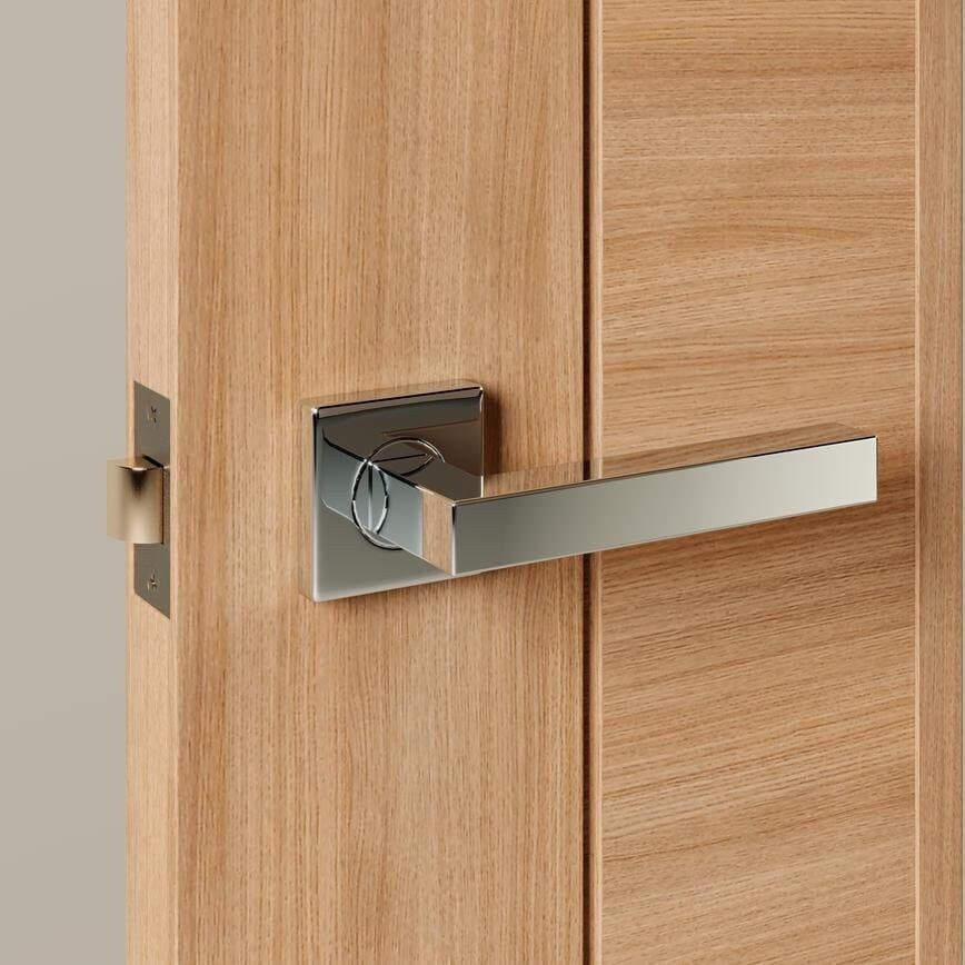 Howdens Burford Polished Stainless Steel Lever on Rose Door Handle Pair