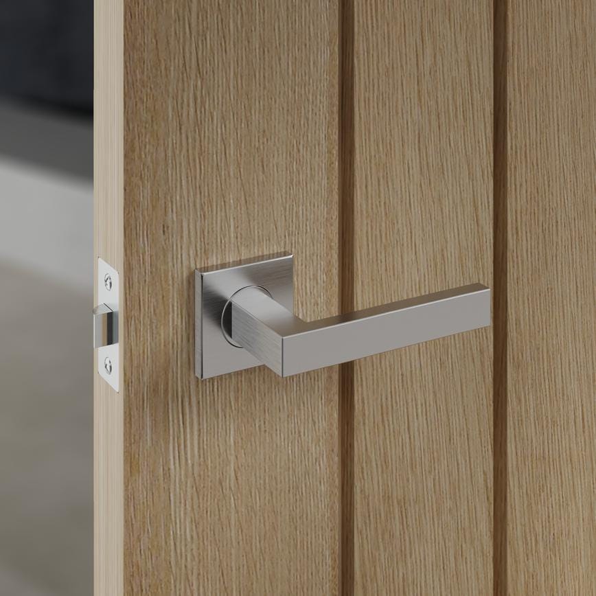 Howdens Burford Brushed Stainless Steel Lever on Rose Door Handle Pair
