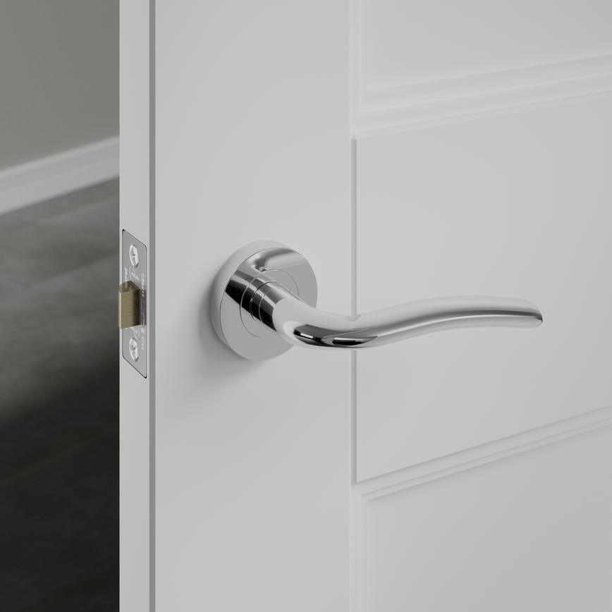 Howdens Yarwell Polished Chrome Lever on Rose Door Handle Pair