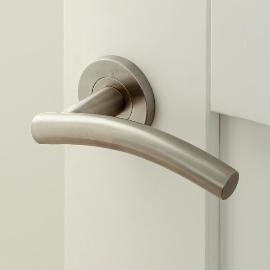 Howdens Turin Satin Stainless Steel Fire Rated Lever on Rose Door Handle Pair