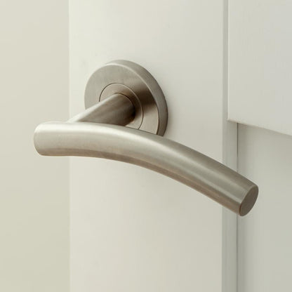 Howdens Turin Satin Stainless Steel Fire Rated Lever on Rose Door Handle Pair