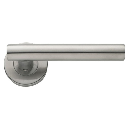 Howdens Lecco Satin Stainless Steel Fire Rated Lever on Rose Door Handle Pair