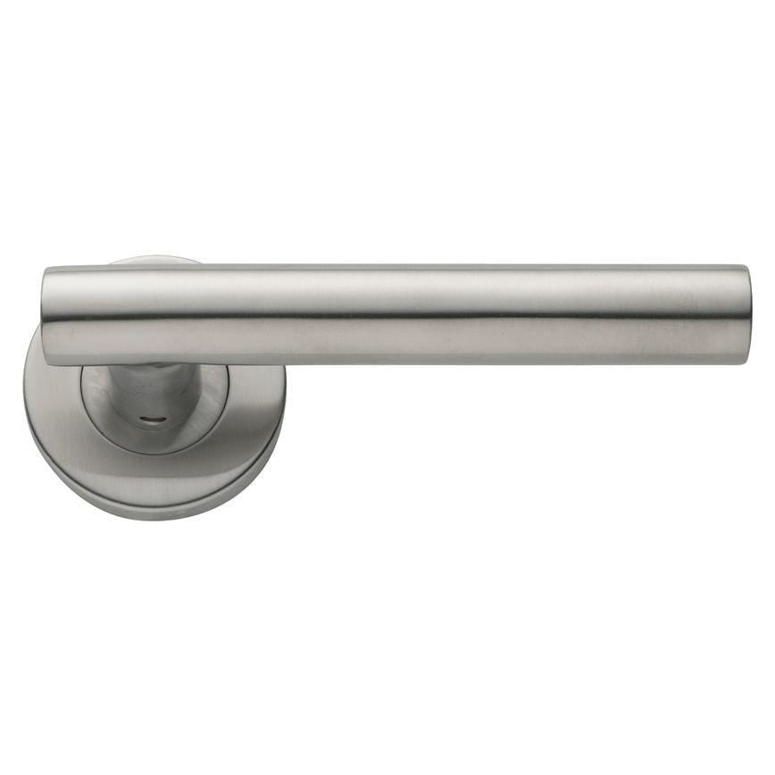Howdens Lecco Satin Stainless Steel Fire Rated Lever on Rose Door Handle Pair
