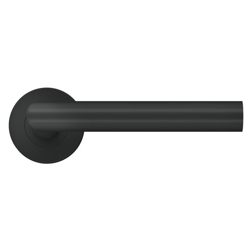Howdens Lecco Matt Black Fire Rated Mitred Lever on Rose Door Handle Pair