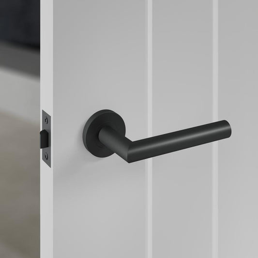 Howdens Lecco Matt Black Fire Rated Mitred Lever on Rose Door Handle Pair