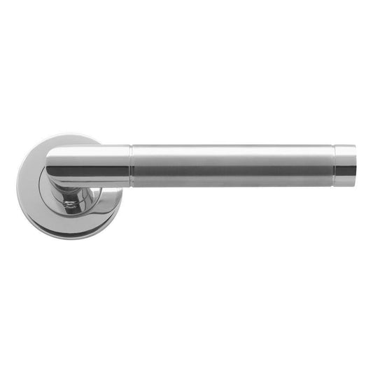 Howdens Lecco Dual-Tone Stainless Steel Fire Rated Mitred Lever on Rose Door Handle Pair