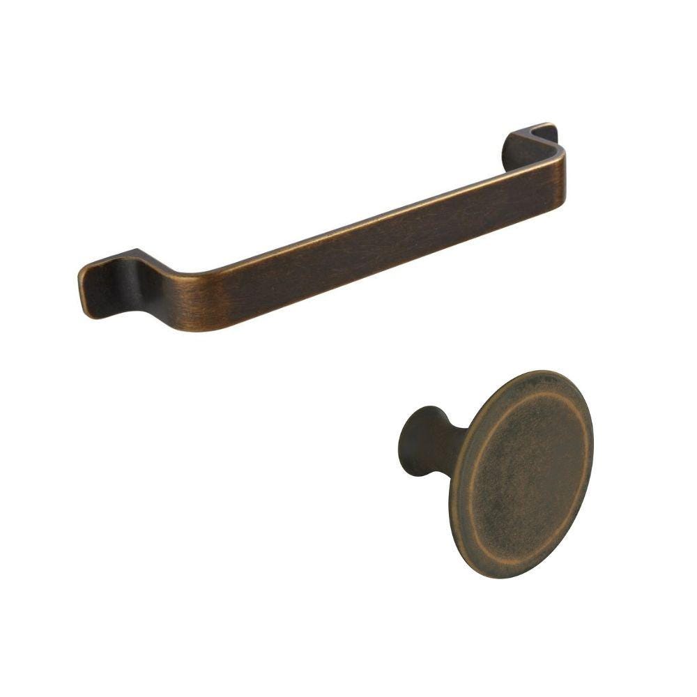 Howdens Belfry Handle 164mm & Round Knob Antique Brass Effect