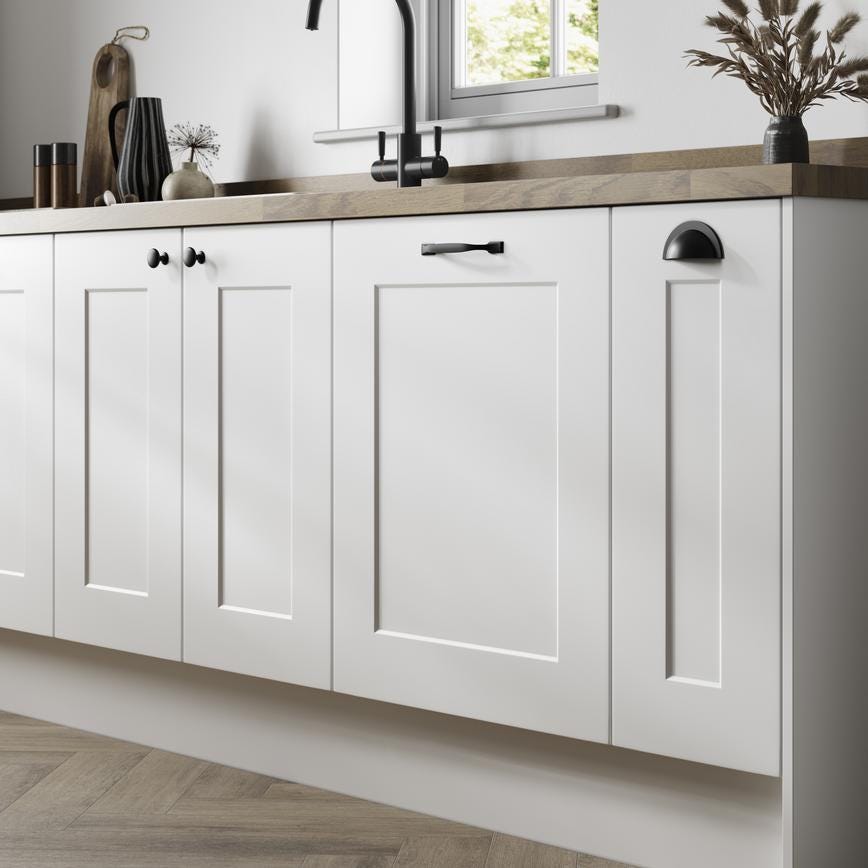 Howdens Earl Matt Black Classic D Cupboard Handle 172mm, Cup & Knob