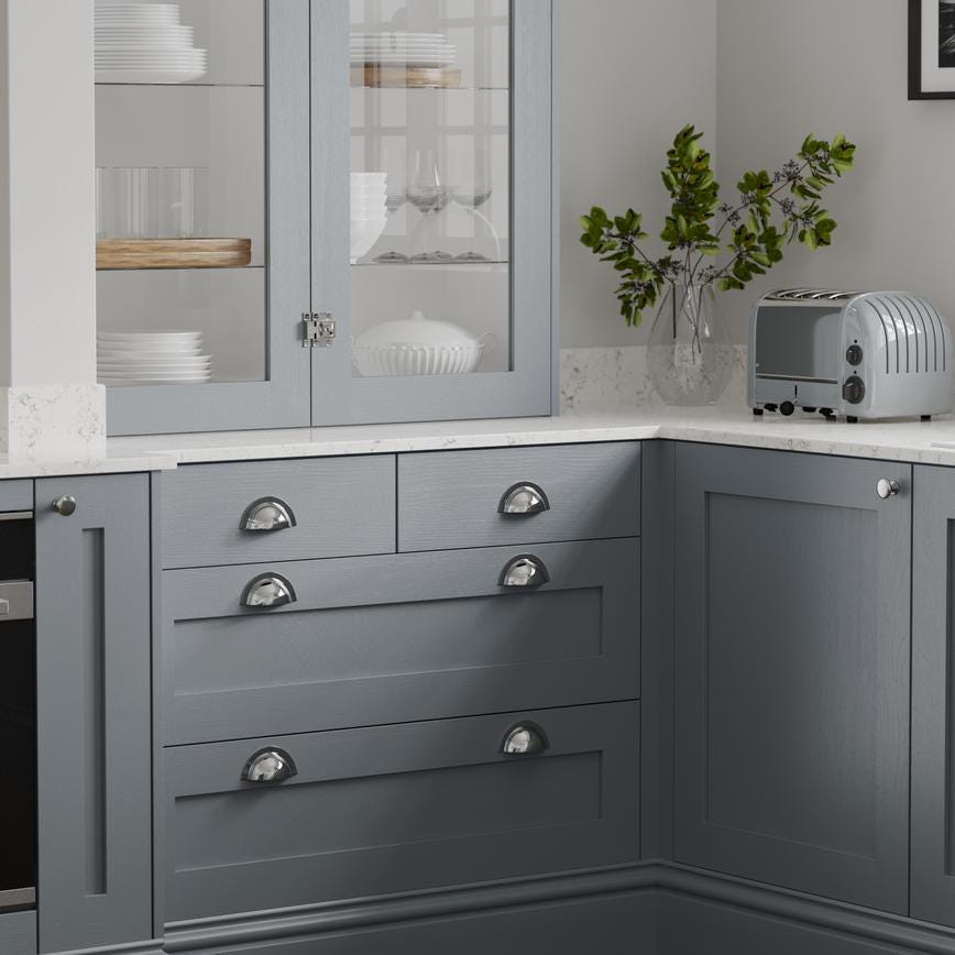 Howdens Earl Chrome Effect Classic D Cupboard Handle 172mm, Cup & Knob