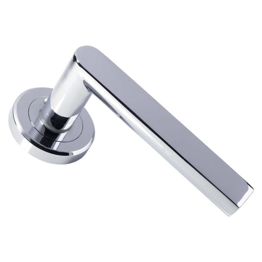 Howdens Carlisle Brass Serozzetta Edge Polished Chrome Fire Rated Lever on Rose Door Handle Pair