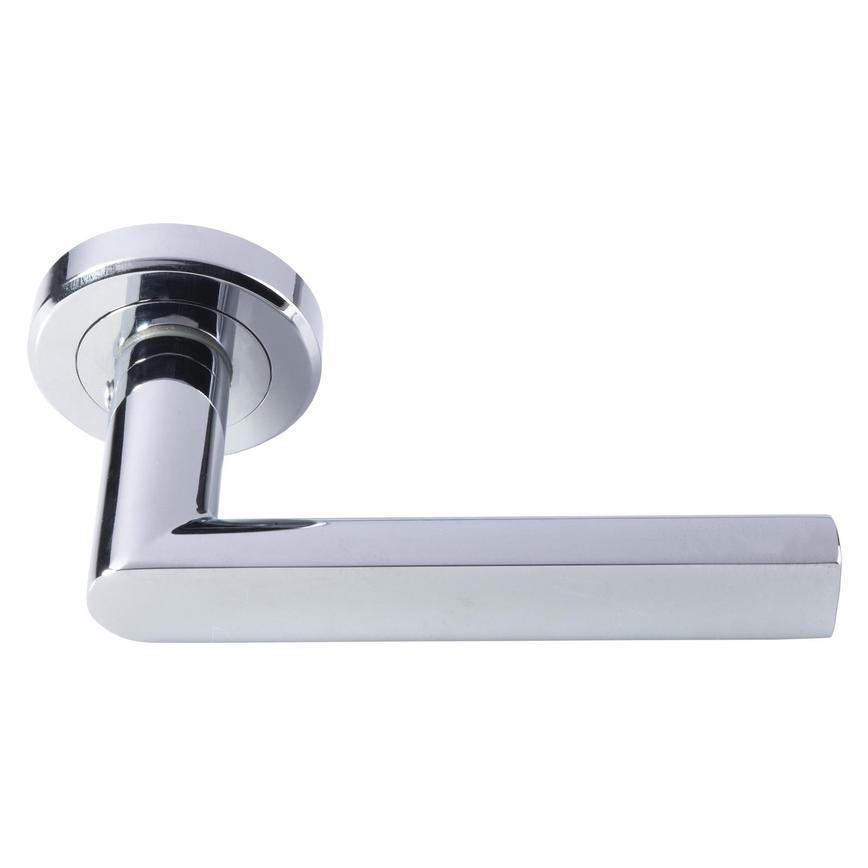 Howdens Carlisle Brass Serozzetta Edge Polished Chrome Fire Rated Lever on Rose Door Handle Pair