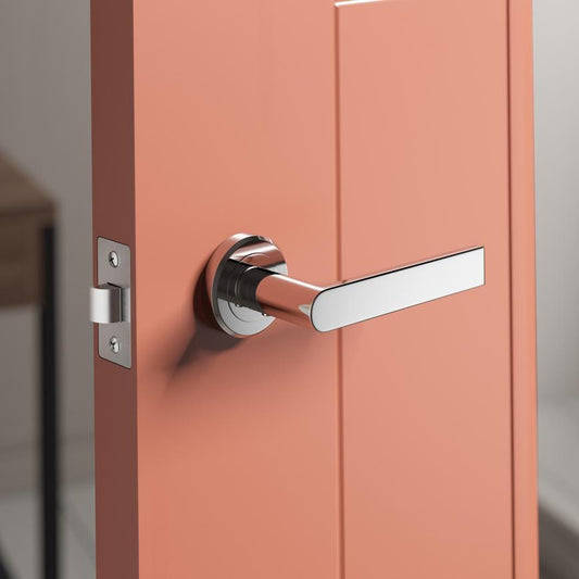 Howdens Carlisle Brass Serozzetta Edge Polished Chrome Fire Rated Lever on Rose Door Handle Pair