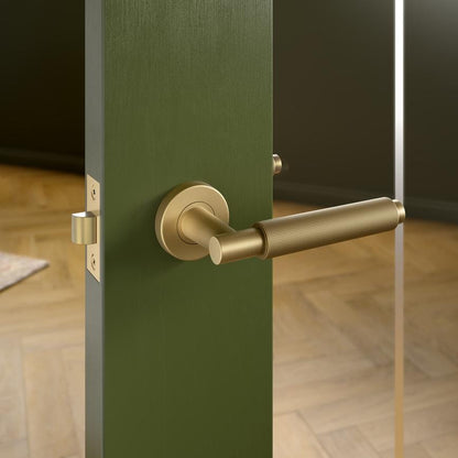 Howdens Fuller and Forge Iseo Satin Brass Knurled Lever on Rose Door Handle Pair Howdens
