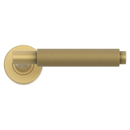 Howdens Fuller and Forge Iseo Satin Brass Knurled Lever on Rose Door Handle Pair Howdens