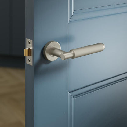 Howdens Fuller and Forge Iseo Satin Nickel Knurled Lever on Rose Door Handle Pair Howdens