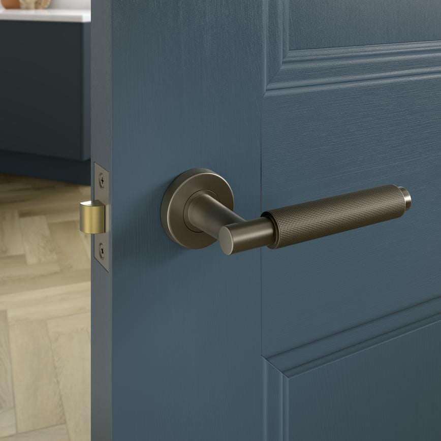 Howdens Fuller and Forge Iseo Satin Bronze Knurled Lever on Rose Door Handle Pair Howdens