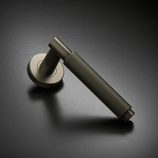 Fuller and Forge Iseo Satin Bronze Knurled Lever on Rose Door Handle Pair Howdens
