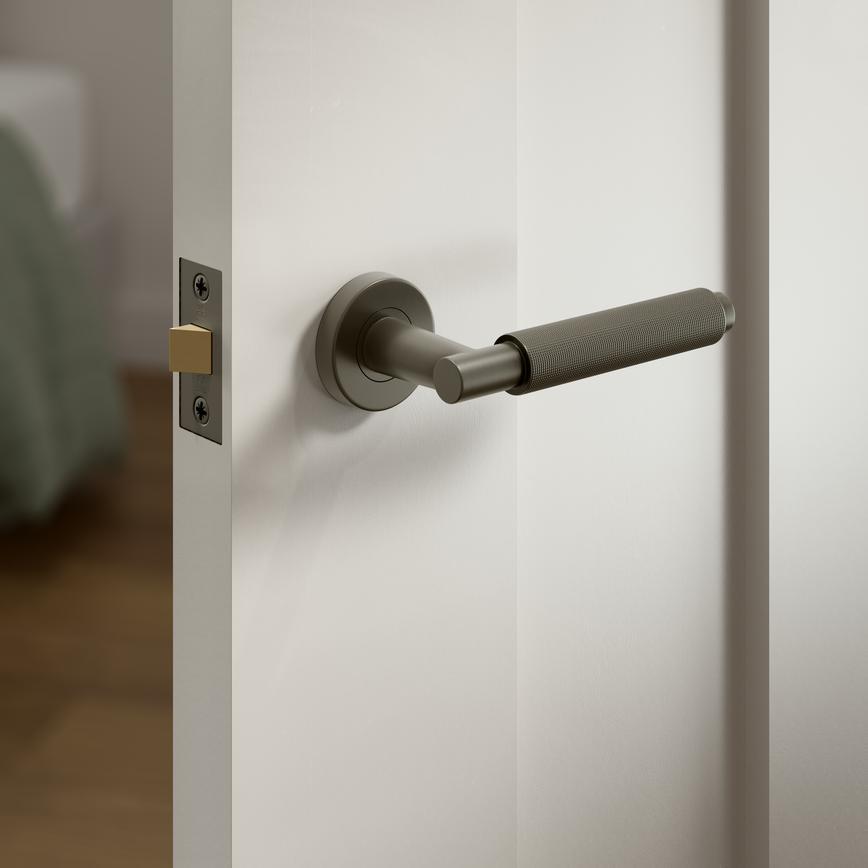 Howdens Fuller and Forge Iseo Satin Bronze Knurled Lever on Rose Door Handle Pair Howdens