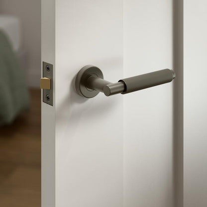 Howdens Fuller and Forge Iseo Satin Bronze Knurled Lever on Rose Door Handle Pair Howdens