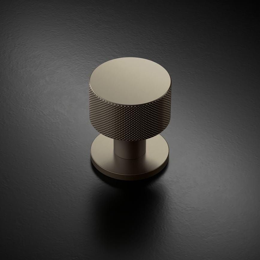 Fuller and Forge Iseo Satin Bronze 50mm Knurled Round Mortice Knob on Slim Rose Pair Howdens