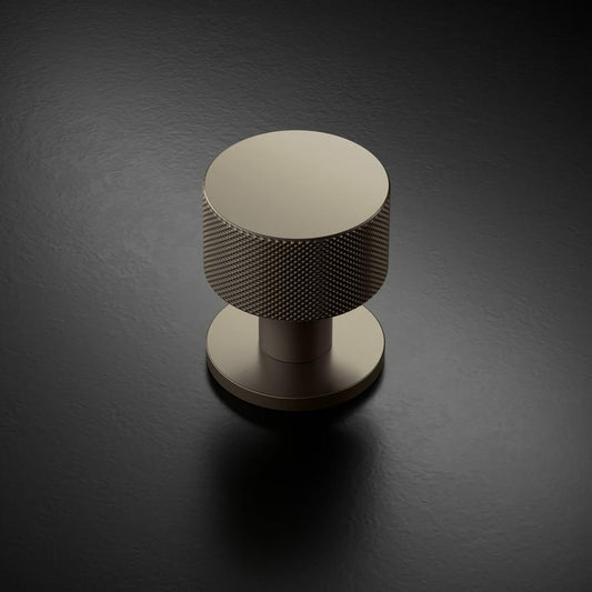 Fuller and Forge Iseo Satin Bronze 50mm Knurled Round Mortice Knob on Slim Rose Pair Howdens