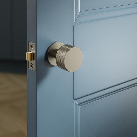 Fuller and Forge Iseo Satin Bronze 50mm Knurled Round Mortice Knob on Slim Rose Pair Howdens