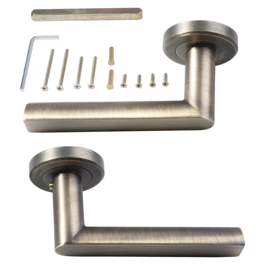 Howdens Carlisle Brass Serozzetta Edge Antique Brass Fire Rated Lever on Rose Door Handle Pair