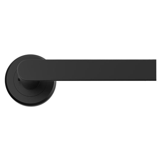 Howdens Carlisle Brass Serozzetta Edge Matt Black Fire Rated Lever on Rose Door Handle Pair