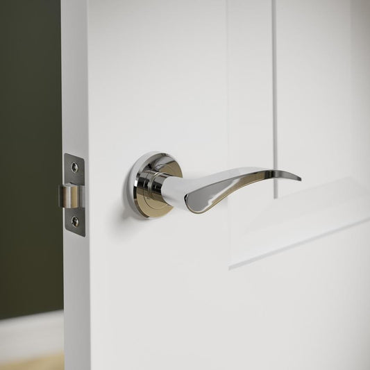 Howdens Carlisle Brass Serozzetta Olivier Polished Chrome Fire Rated Lever on Rose Door Handle Pair