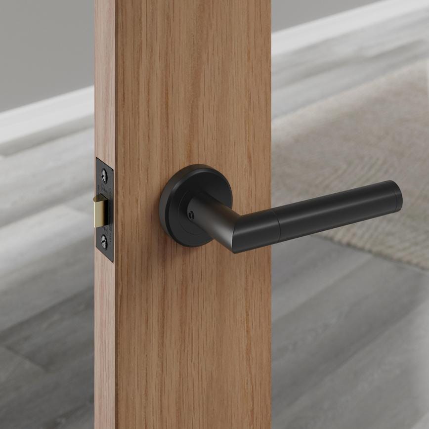 Howdens Carlisle Brass Serozzetta Trend Matt Black Fire Rated Lever on Rose Door Handle Pair