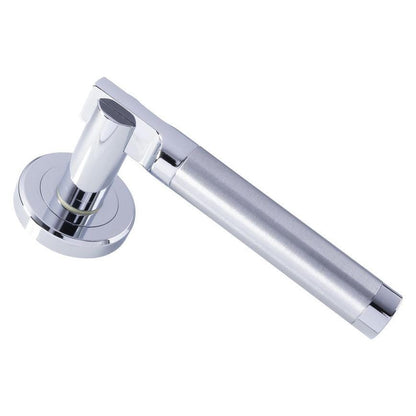 Howdens Carlisle Brass Serozzetta Azul Dual-Tone Chrome Fire Rated Lever on Rose Door Handle Pair
