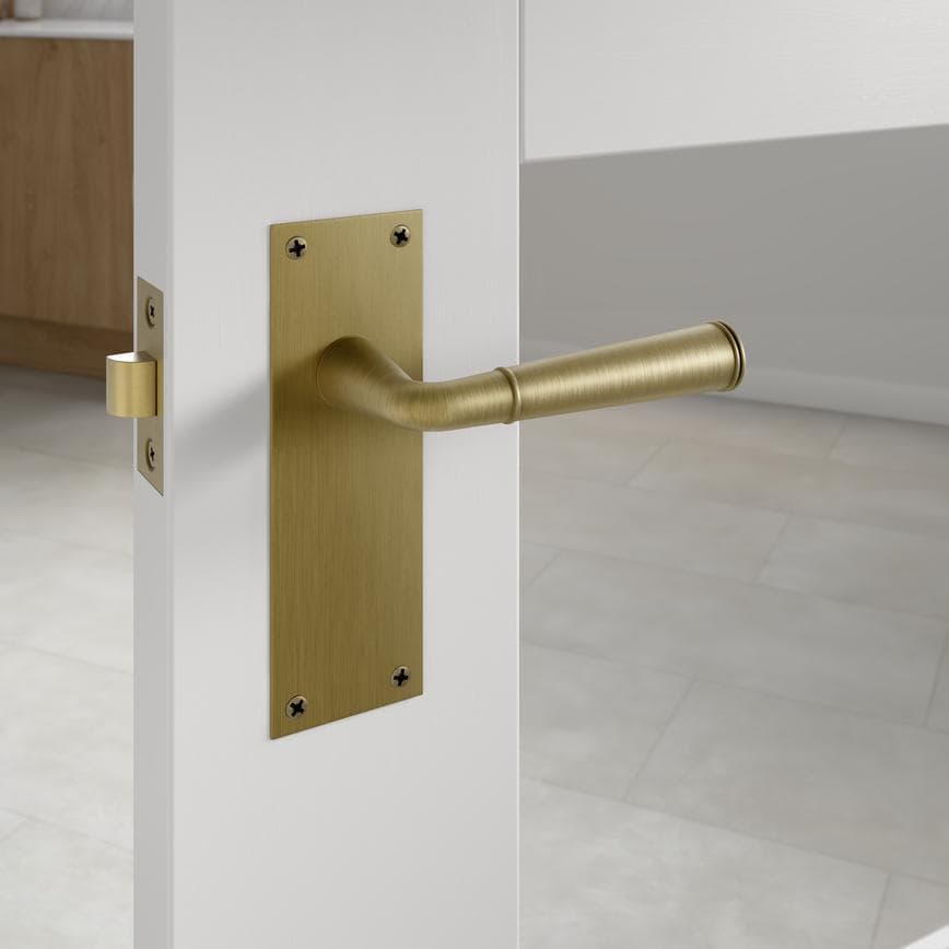 Howdens Fuller and Forge Arno Satin Nickel Lever on Backplate Latch Door Handle Pair Howdens