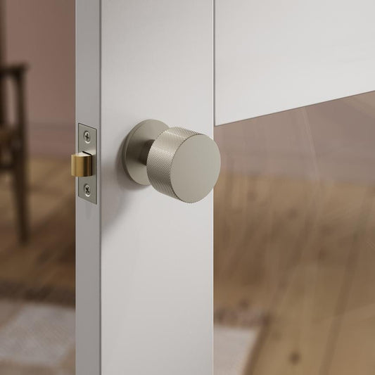 Fuller and Forge Iseo Satin Nickel 50mm Knurled Round Mortice Knob on Slim Rose Pair Howdens