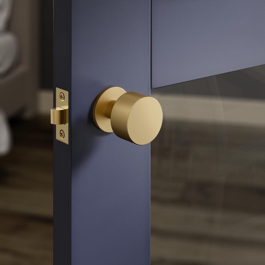 Howdens Fuller and Forge Iseo Satin Brass 50mm Knurled Round Mortice Knob on Slim Rose Pair Howdens