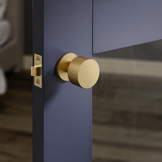 Howdens Fuller and Forge Iseo Satin Brass 50mm Knurled Round Mortice Knob on Slim Rose Pair Howdens