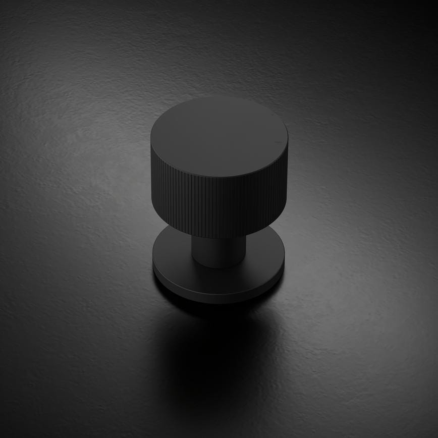 Howdens Fuller and Forge Orta Matt Black 50mm Fluted Round Mortice Knob on Slim Rose Pair Howdens