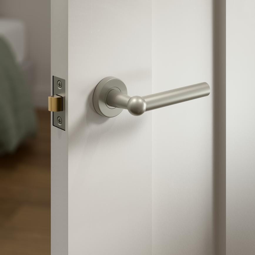 Howdens Fuller and Forge Como Satin Nickel Lever on Rose Door Handle Pair Howdens