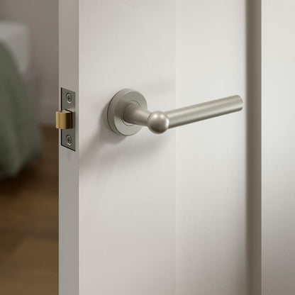 Fuller and Forge Como Satin Nickel Lever on Rose Door Handle Pair Howdens