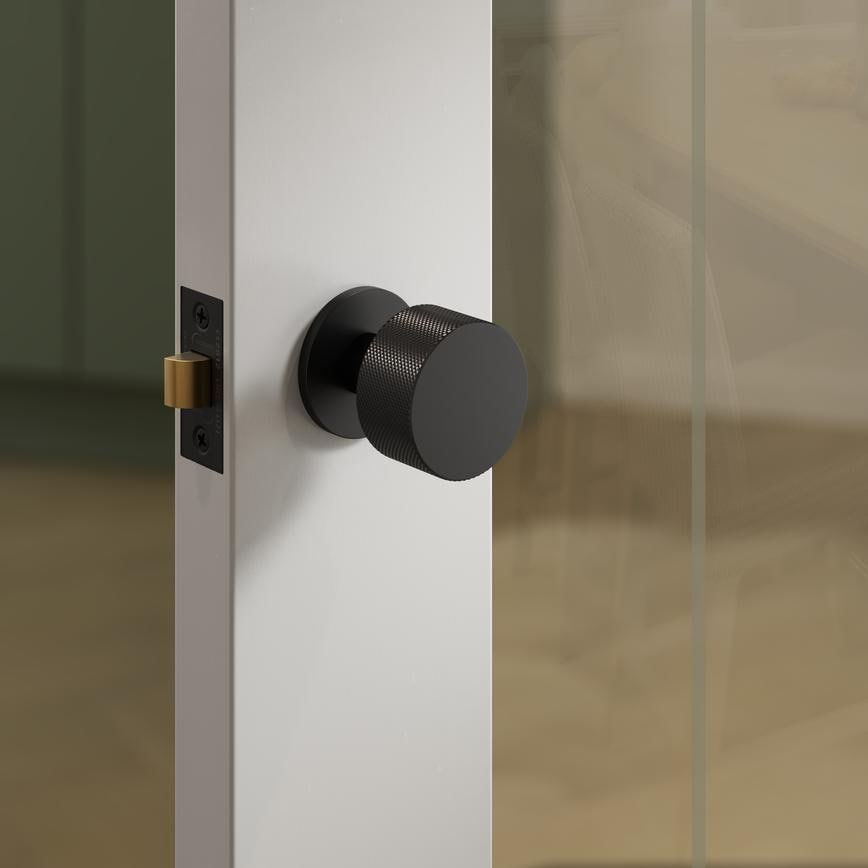 Howdens Fuller and Forge Iseo Matt Black 50mm Knurled Round Mortice Knob on Slim Rose Pair Howdens