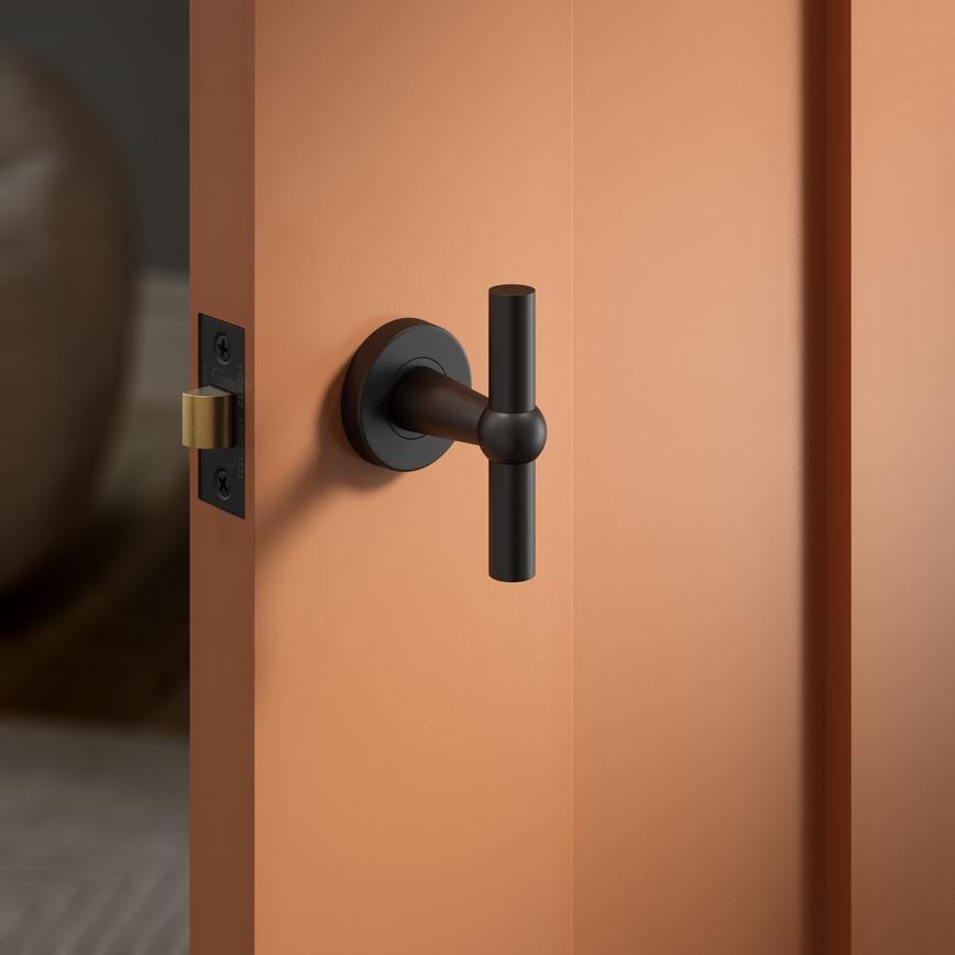 Fuller and Forge Como Matt Black 85mm T Mortice Knob on Rose Pair Howdens