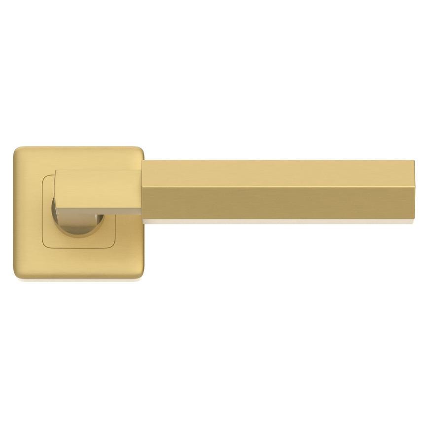 Fuller and Forge Tanaro Satin Brass Hexagonal Lever on Rose Door Handle Pair Howdens