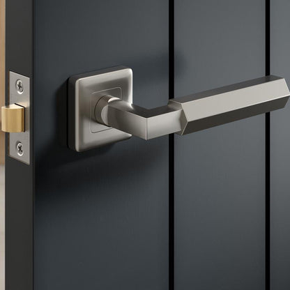 Fuller and Forge Tanaro Satin Nickel Hexagonal Lever on Rose Door Handle Pair Howdens