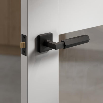 Fuller and Forge Tanaro Matt Black Hexagonal Lever on Rose Door Handle Pair Howdens