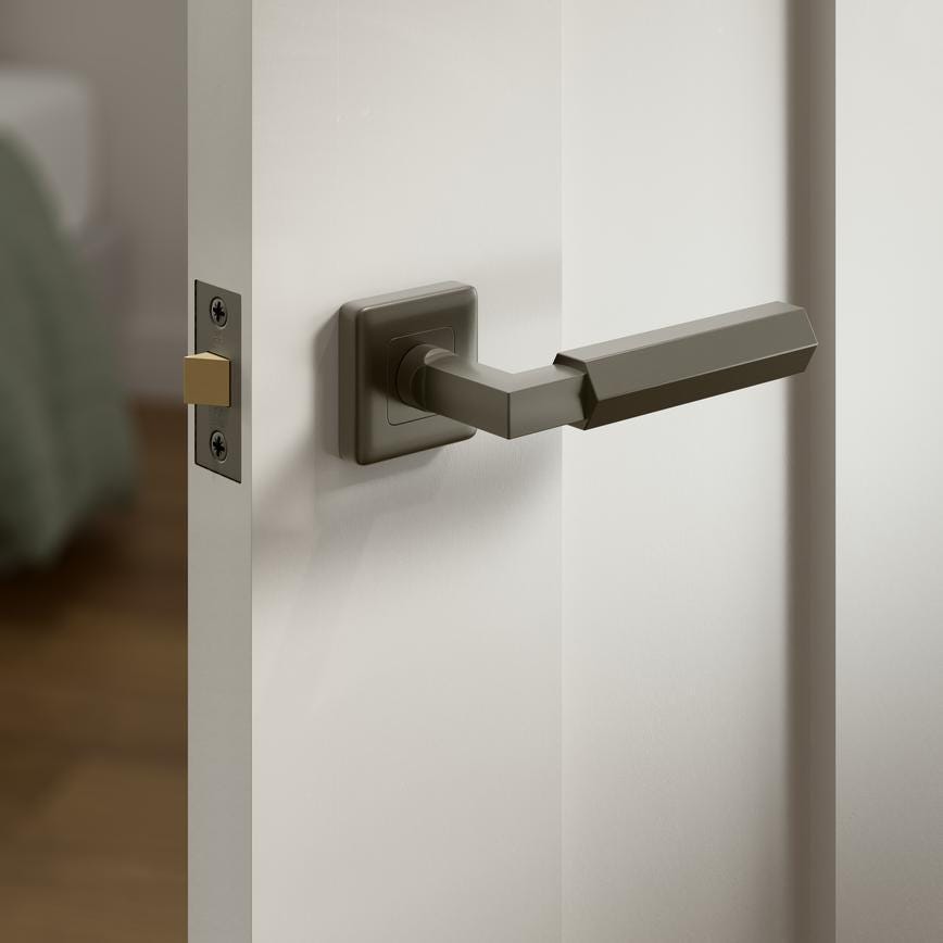 Fuller and Forge Tanaro Satin Bronze Hexagonal Lever on Rose Door Handle Pair Howdens