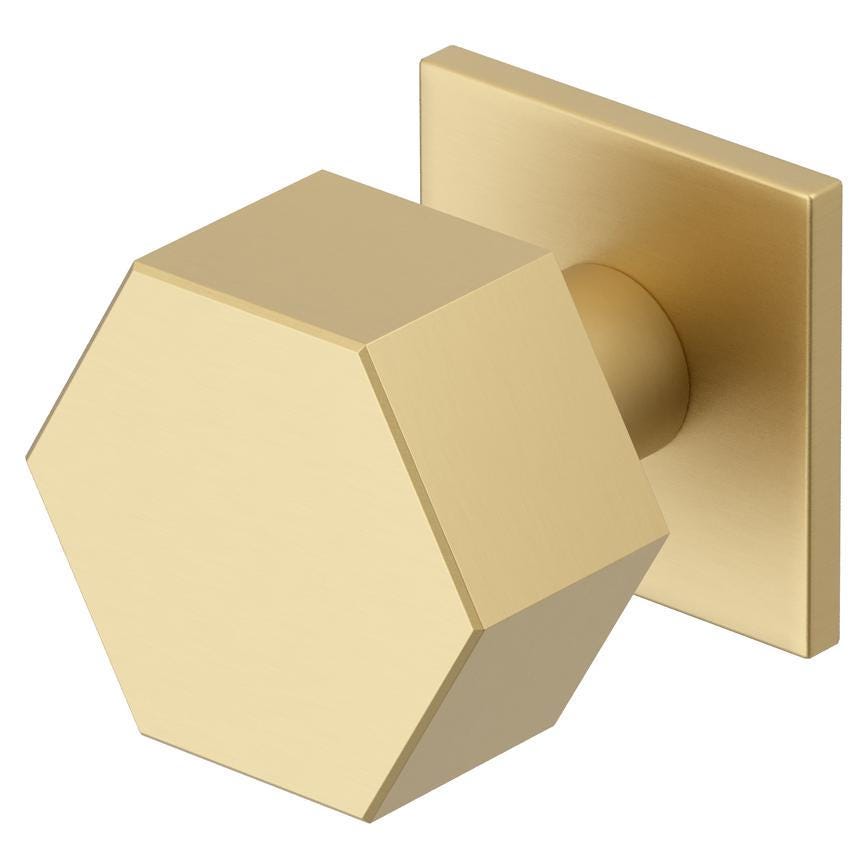 Fuller and Forge Tanaro Satin Brass 58mm Hexagonal Mortice Knob on Slim Rose Pair Howdens