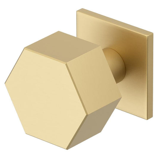 Fuller and Forge Tanaro Satin Brass 58mm Hexagonal Mortice Knob on Slim Rose Pair Howdens