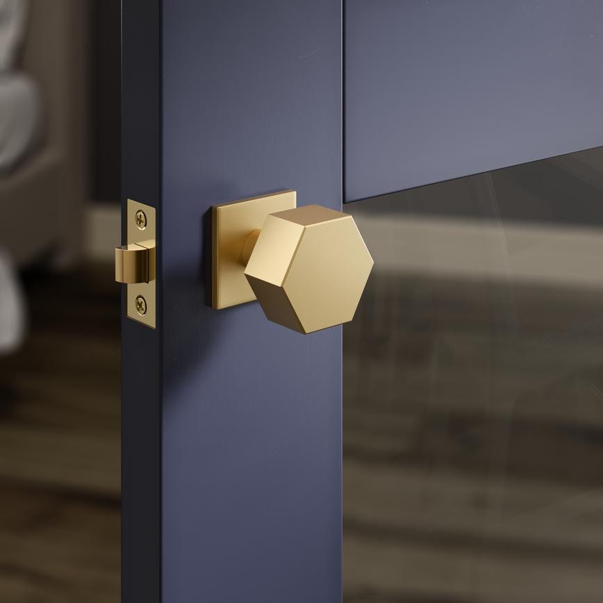 Howdens Fuller and Forge Tanaro Satin Brass 58mm Hexagonal Mortice Knob on Slim Rose Pair Howdens