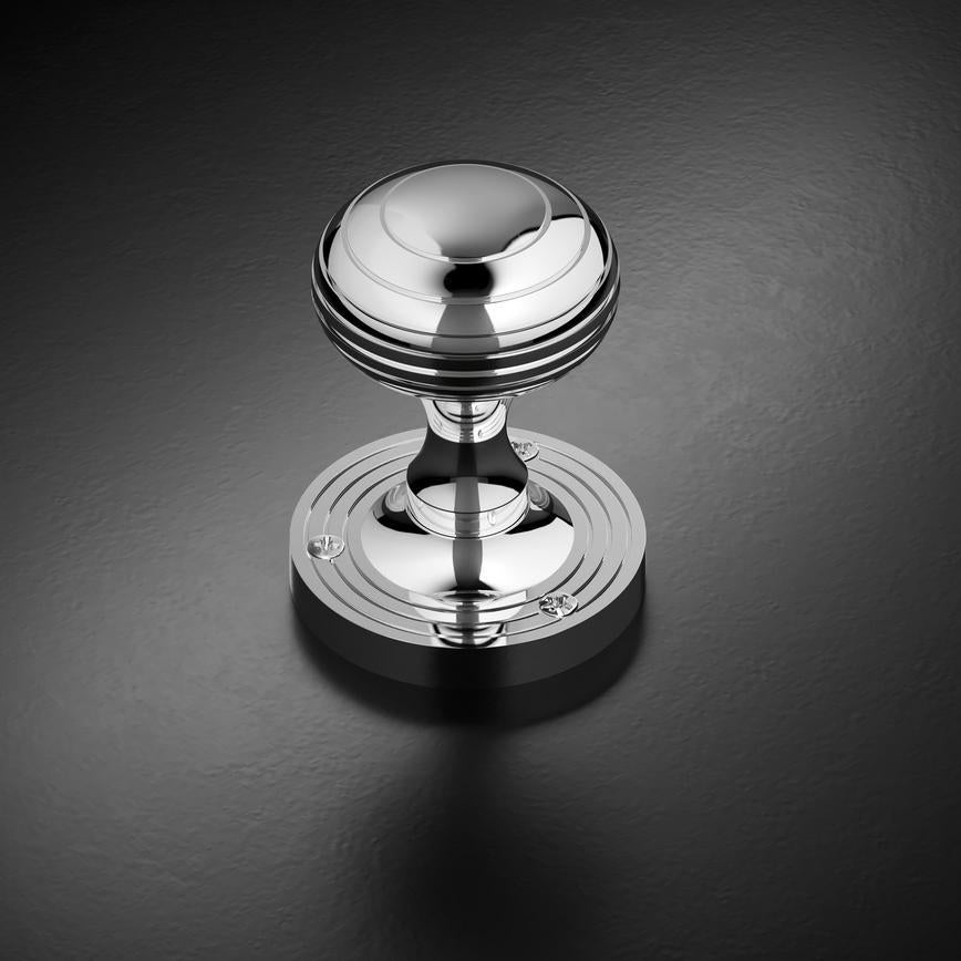Howdens Fuller and Forge Beehive Polished Chrome 62mm Ringed Round Mortice Knob on Rose Pair Howdens