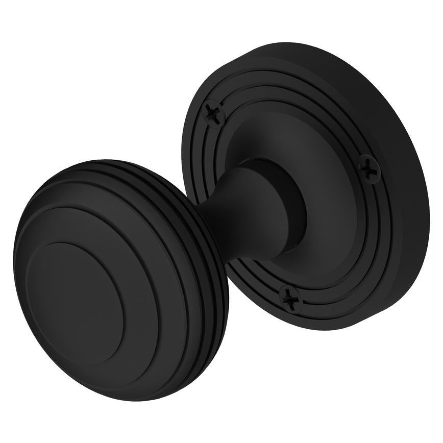 Howdens Fuller and Forge Beehive Matt Black 62mm Ringed Round Mortice Knob on Rose Pair Howdens